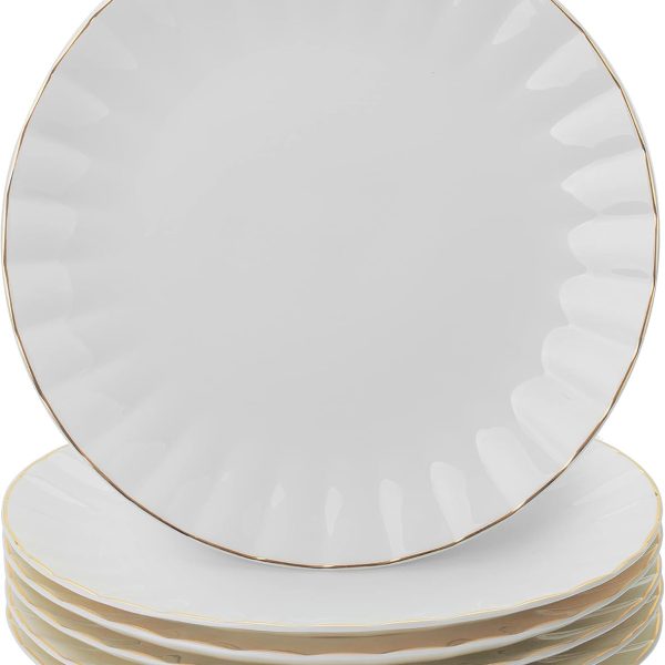 Porcelain Dinner Plates with Gold Trim,10 5 inch, Set of 6, White Dinner Plates Bulk, White Plate Set